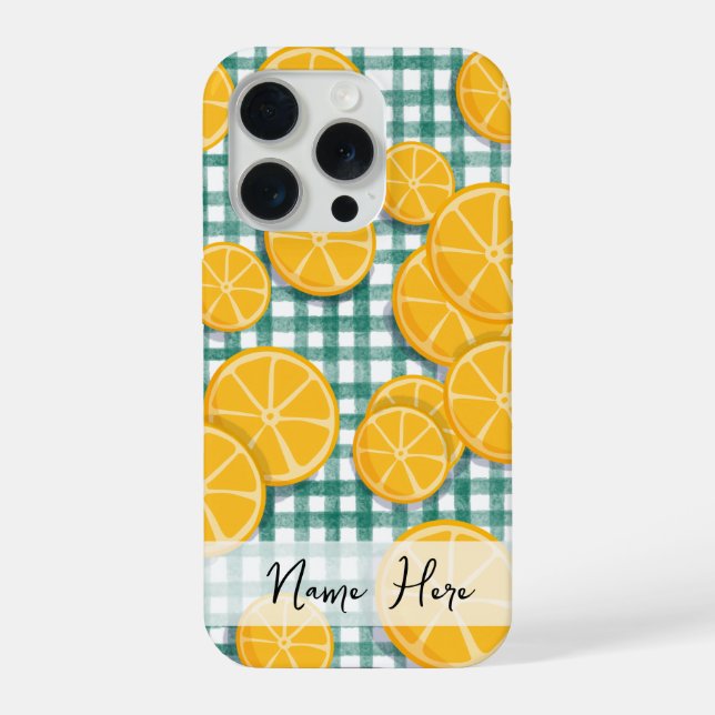 Personalisierte Zitrusfrucht auf grünem Gingham-Ha iPhone Hülle (Rückseite)