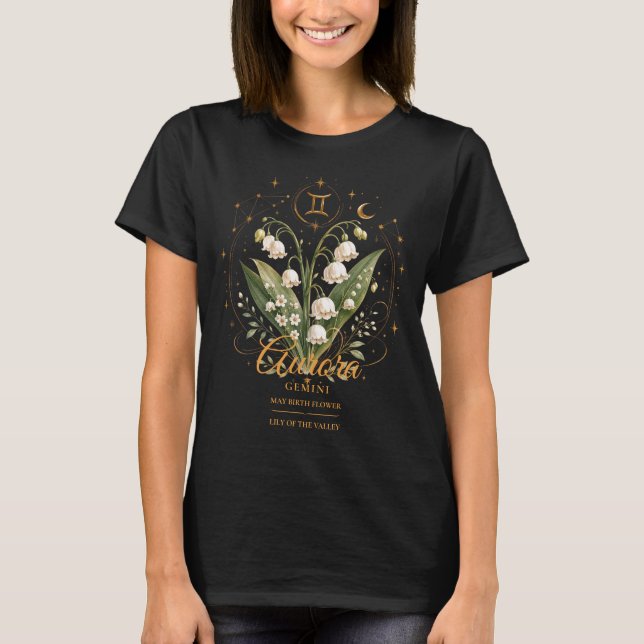 Personalisierte Zwillinge Maiglöckchen-Geburt T-Shirt (Vorderseite)