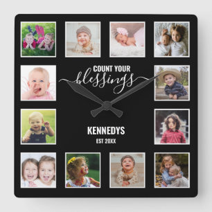 Personalisierten 12 Bilder-Collage-Familiensegnung Quadratische Wanduhr