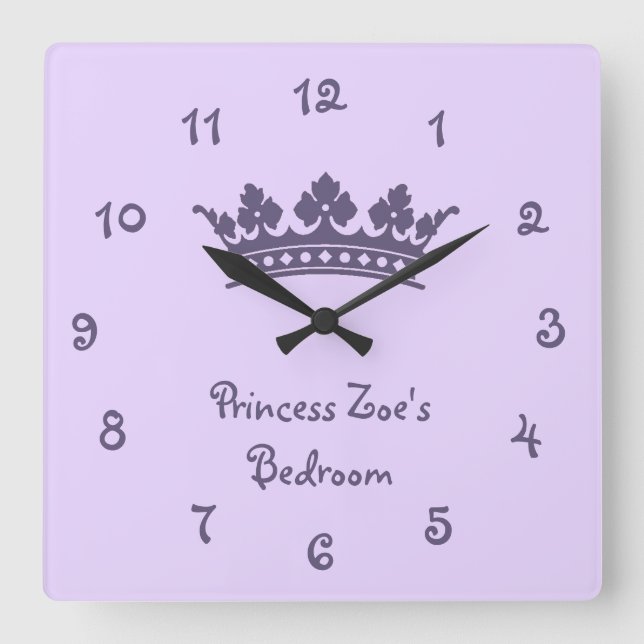 Personalisierten lila Prinzessin Girls Bedroom Quadratische Wanduhr (Vorderseite)