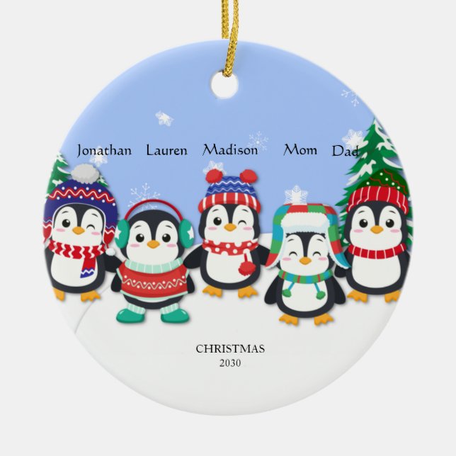 Personalisierten Niedlichen fünf Pinguin-Schneesze Keramik Ornament (Vorne)