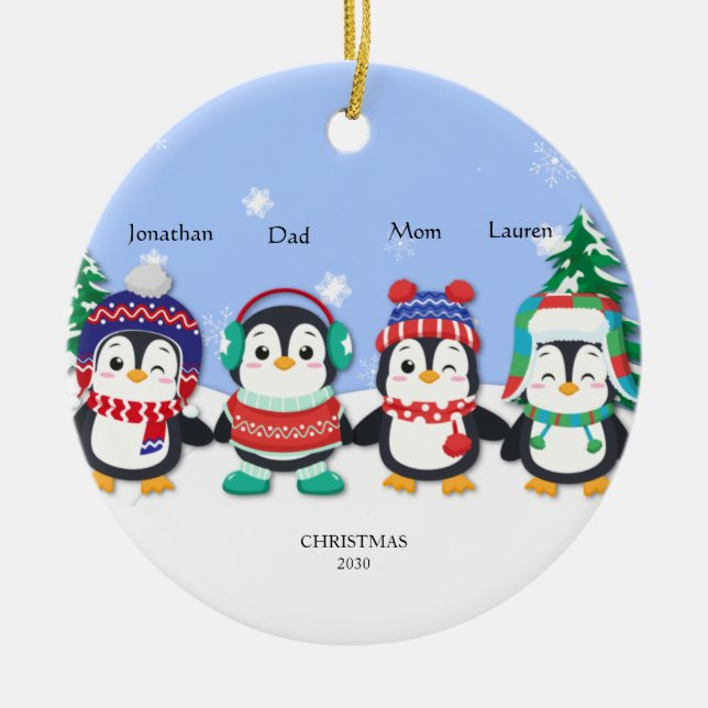 Personalisierten Niedlichen vier Pinguin-Schneesze Keramik Ornament (Vorne)