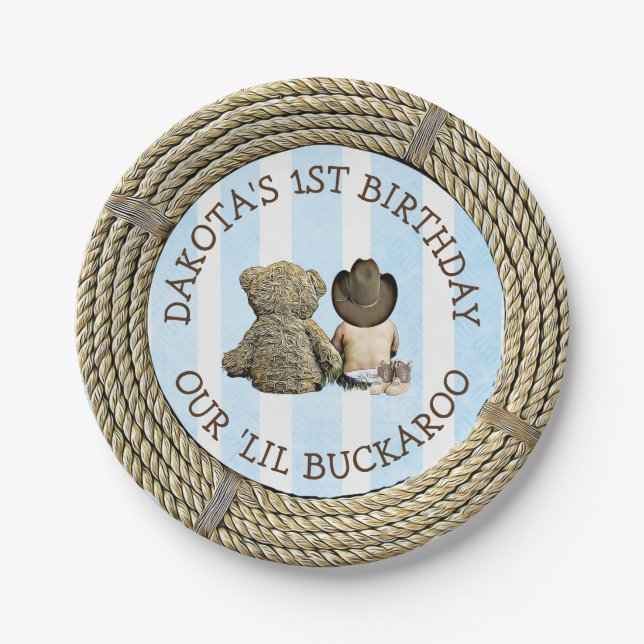 Personalisierter 1. Geburtstag Cowboy Themenkuchen Pappteller (Vorderseite)