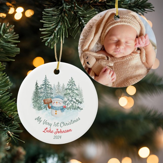 Personalisierter 1. Weihnachtsschneemann mit Foto Keramik Ornament (Von Creator hochgeladen)