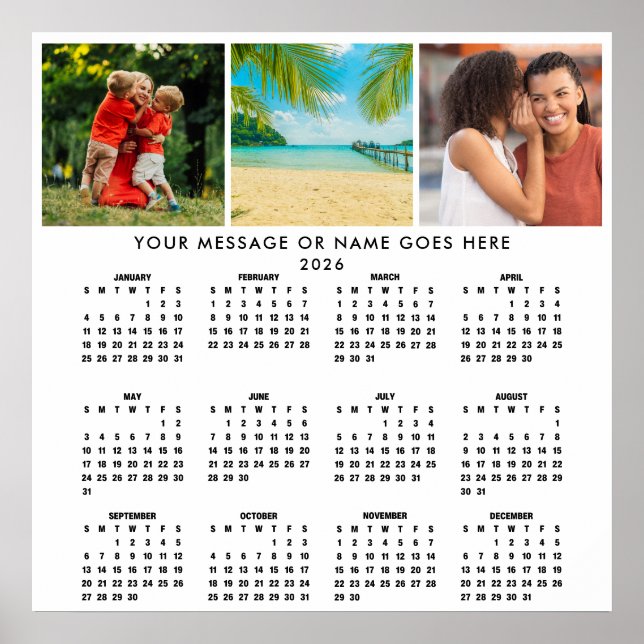 Personalisierter 2026-Kalender 3-Foto-Collage Poster (Vorne)