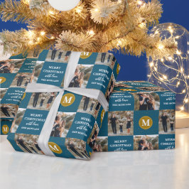 Personalisierter 2-Foto Monogram Blue Gold Holiday Geschenkpapier