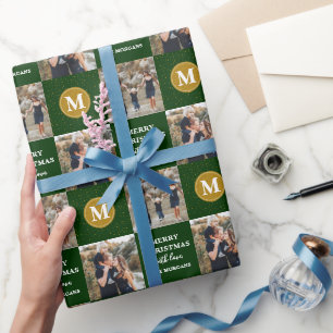 Personalisierter 2-Foto-Monogramm-Green-Gold-Urlau Geschenkpapier