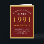 Personalisierter 30. Geburtstag 1991 Red Gold Chic Karte<br><div class="desc">30. Geburtstagskarte Rot und Gold Geburtstagskarte für die besonderen Menschen geboren 1991. Passen Sie den Text einfach auf die Vorderseite und das Innere dieser Geburtstagskarte mit der Vorlage. Ein Teil der festgelegten Standards Palette der Grußkarten.</div>