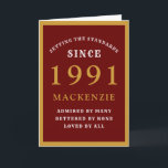 Personalisierter 30. Geburtstag 1991 Red Gold Chic Karte<br><div class="desc">30. Geburtstagskarte Rot und Gold Geburtstagskarte für die besonderen Menschen geboren 1991. Passen Sie den Text einfach auf die Vorderseite und das Innere dieser Geburtstagskarte mit der Vorlage. Ein Teil der festgelegten Standards Palette der Grußkarten.</div>