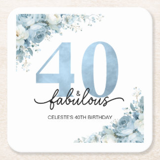 Personalisierter 40. und Fabelhafter Blau Floral G Rechteckiger Pappuntersetzer