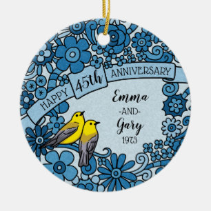 Personalisierter 45. Jahrestags-Saphir-Blumenvogel Keramik Ornament