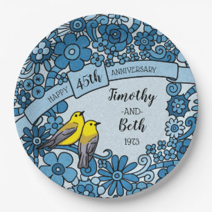 Personalisierter 45-jähriger Saphire-Blumenvogel Pappteller