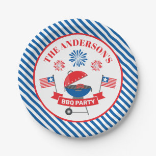 Personalisierter 4. Juli BBQ Marine Streifen Pappteller