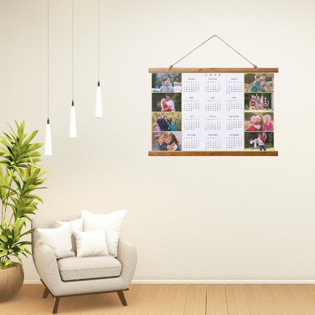 Personalisierter 8-Fotokalender 2025 Wandteppich Mit Holzrahmen (Personalized 8 Photo Collage 2025 Family Calendar Hanging Tapestry)