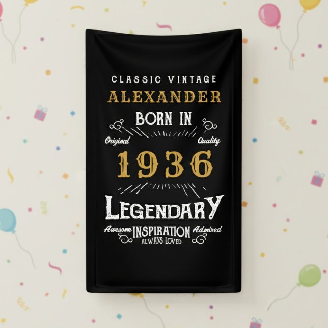 Personalisierter 90. Geburtstag 1936 Vintage-Legen Banner (Born 1936 birthday wall banner  against a cream color wall.)