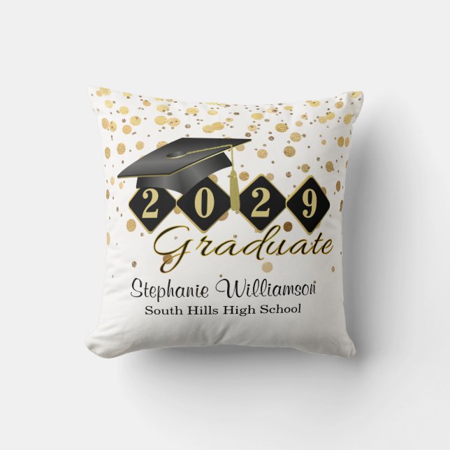 Personalisierter Abschluss Black & Gold Confetti Kissen (Vorderseite)