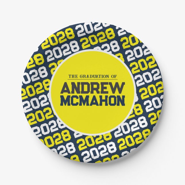 Personalisierter Abschluss Navy Blue und Yellow Pappteller (Vorderseite)