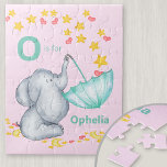 Personalisierter Alphabet Name Niedlich Elefantenm Puzzle<br><div class="desc">Niedliches Elefant-Puzzle für Ihr kleines Mädchen mit einem eigenen Alphabet-Namen. Die Vorlage ist für Sie Set, um Ihren Namen und Initial, die in fett formatiert ist hinzuzufügen. Das Design hat einen niedlichen Elefanten, der in einem Regenschirm Stars und Liebe-Herzen fängt. Es hat eine graue und aquamarine Farbpalette auf einem hellrosa...</div>