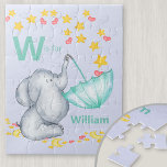 Personalisierter Alphabet Name Niedliche Elefanten Puzzle<br><div class="desc">Niedliches Elefant-Puzzle für Ihren kleinen Jungen mit einem eigenen Alphabet. Die Vorlage ist für Sie Set, um Ihren Namen und Initial, die in fett formatiert ist hinzuzufügen. Das Design hat einen niedlichen Elefanten, der in einem Regenschirm Stars und Liebe-Herzen fängt. Es hat eine graue und aquamarine Farbpalette auf einem hellblauen...</div>