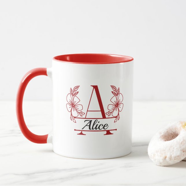 Personalisierter Anfangsbuchstabe Blumen-Monogramm Tasse (Mit Donut)