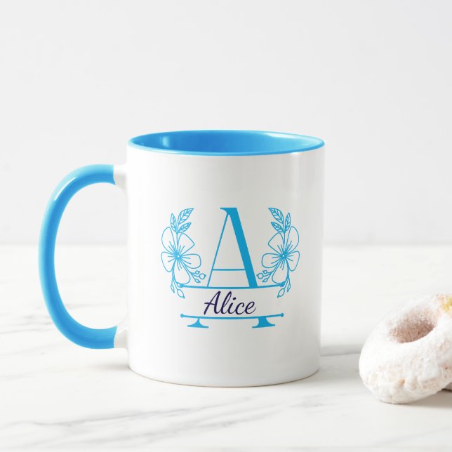 Personalisierter Anfangsbuchstabe Blumenmonogramm- Tasse (Mit Donut)