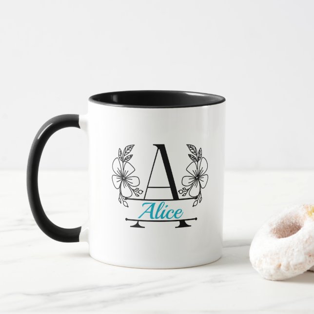 Personalisierter Anfangsbuchstabe Blumenmonogramm- Tasse (Mit Donut)