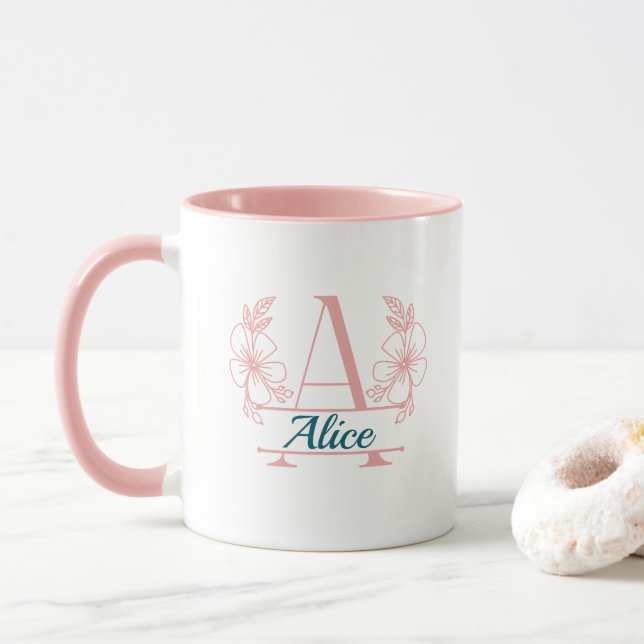 Personalisierter Anfangsbuchstabe Blumenmonogramm- Tasse (Mit Donut)
