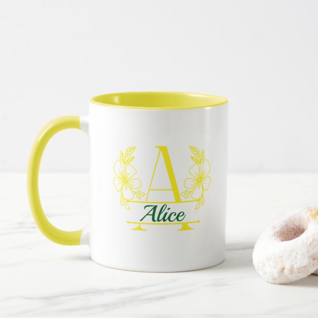 Personalisierter Anfangsbuchstabe Blumenmonogramm- Tasse (Mit Donut)