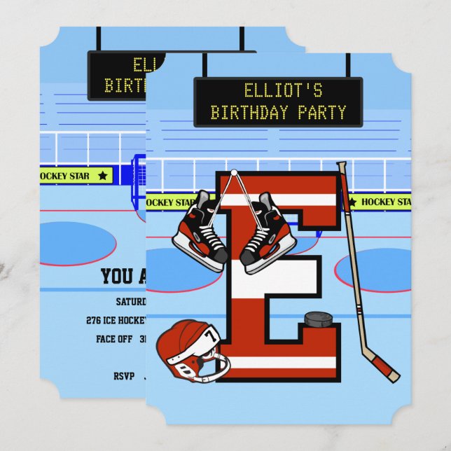 Personalisierter Anfangsbuchstabe E Eishockey Einladung (Vorne/Hinten)