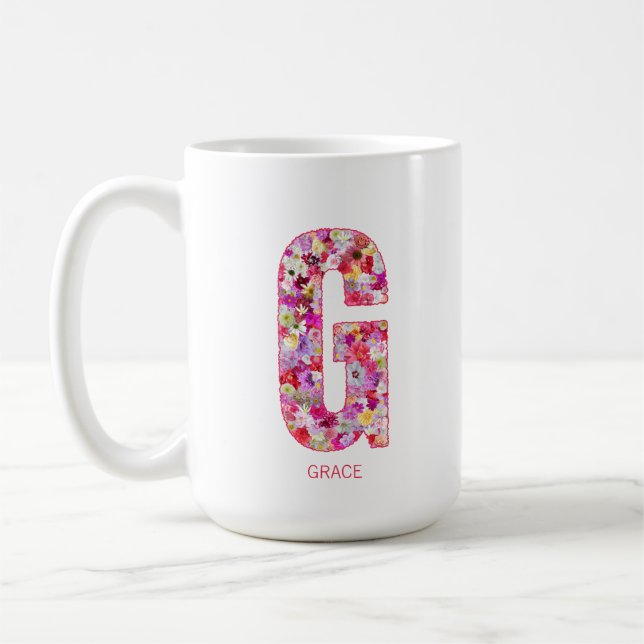 Personalisierter Anfangsbuchstabe | Floraler Buchs Kaffeetasse (Links)