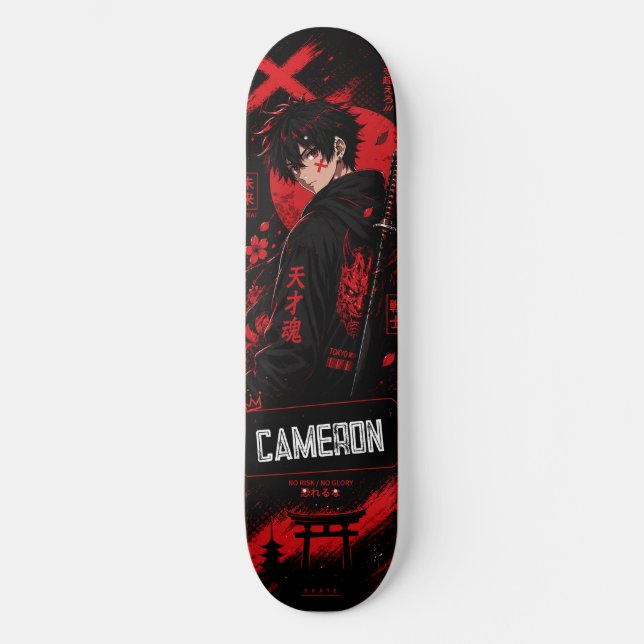 Personalisierter Anime Schwarzer Roter Samurai Skateboard (Vorderseite)