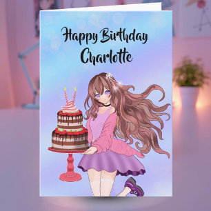 Personalisierter Anime-Teenager mit Geburtstagskuc Karte