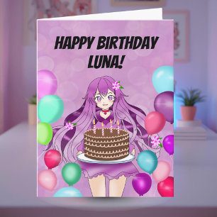 Personalisierter Anime-Teenager mit Kuchen Karte
