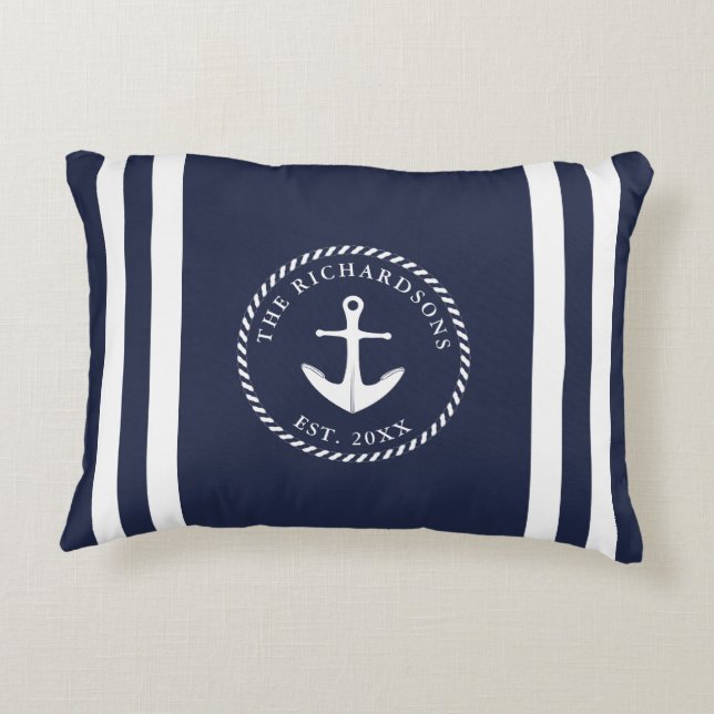 Personalisierter Anker und Streifen Navy Blue Dekokissen (Rückseite)