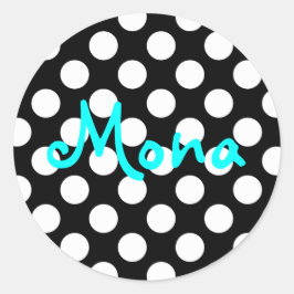 Personalisierter Aqua Black und White Polka Dot Runder Aufkleber
