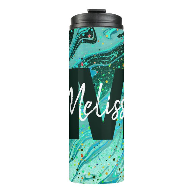 Personalisierter Aquamariner Glitzer Marmorsäule T Thermosbecher (Vorderseite)