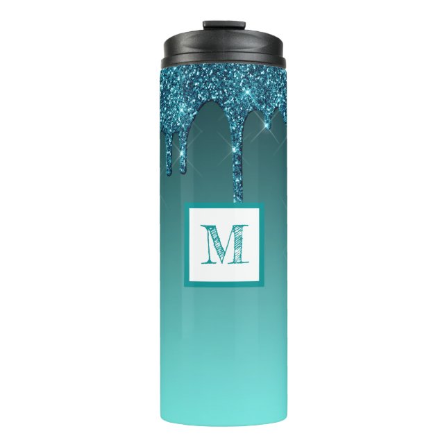 Personalisierter Aquamariner Glitzer Thermosbecher (Vorderseite)