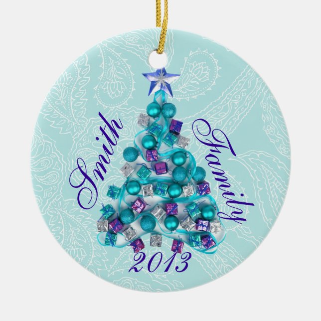 Personalisierter Aquamariner Lila Weihnachtsbaum Keramikornament (Vorne)