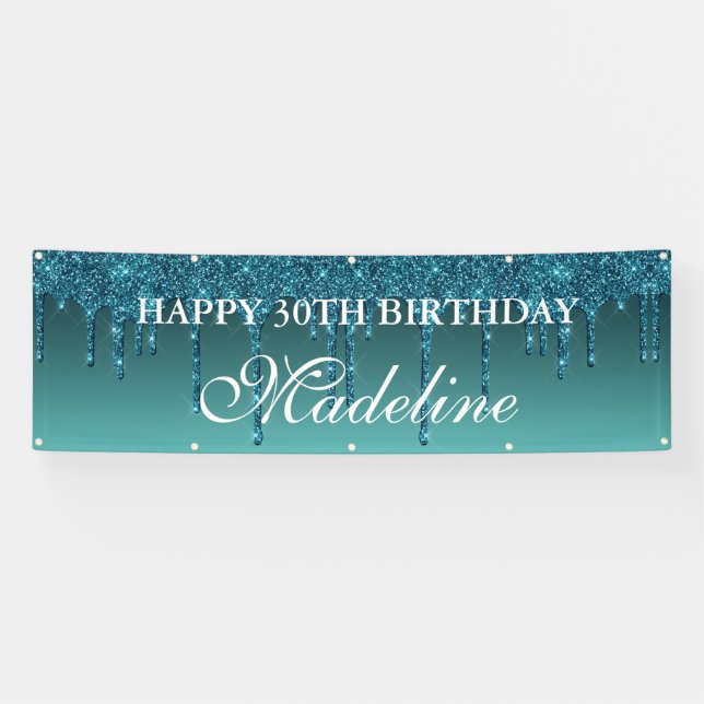Personalisierter Aquamariner Tropf Glitzer Geburts Banner (Horizontal)