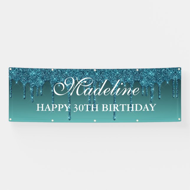 Personalisierter Aquamariner Tropf Glitzer Geburts Banner (Horizontal)