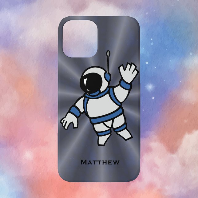 Personalisierter Astronaut mit blauen Akzenten im  Case-Mate iPhone Hülle (Cartoon Astronaut with Blue Accents Floating in Space with Custom Text Line Phone Case)