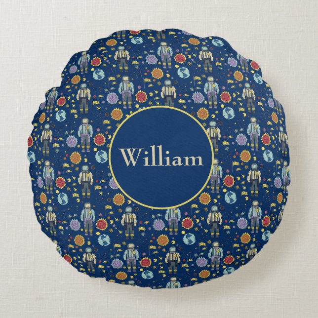 Personalisierter Astrounaut Space Man farbenfroh Rundes Kissen (Vorderseite)
