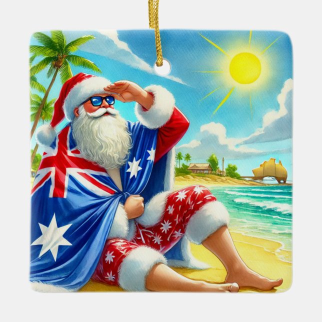 Personalisierter Australier Weihnachten am Strand Keramikornament (Vorderseite)