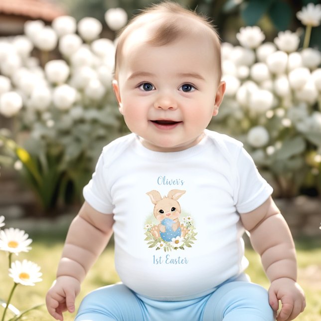 Personalisierter Baby-Boy erster Oster Bunny Egg B Baby Strampler (First Easter Personalized Baby Boy Bunny Egg Blue Baby Bodysuit)