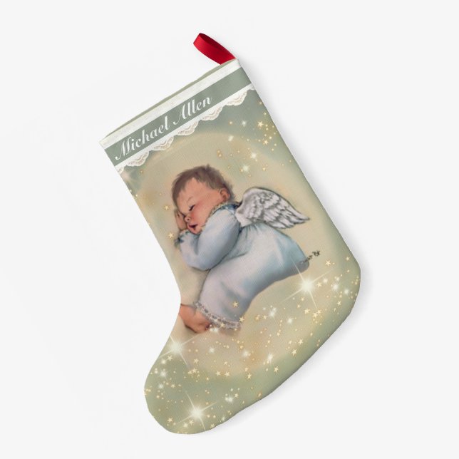 Personalisierter Baby Boys Schlafengel Vintag Kleiner Weihnachtsstrumpf (Rückseite (Hängend))