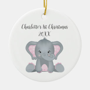 Personalisierter Baby-Elefant Rosa Baby 1. Weihnac Keramik Ornament