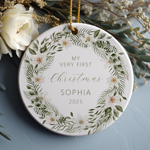 Personalisierter Baby-Erstweihnachts-Waldkranz Keramik Ornament