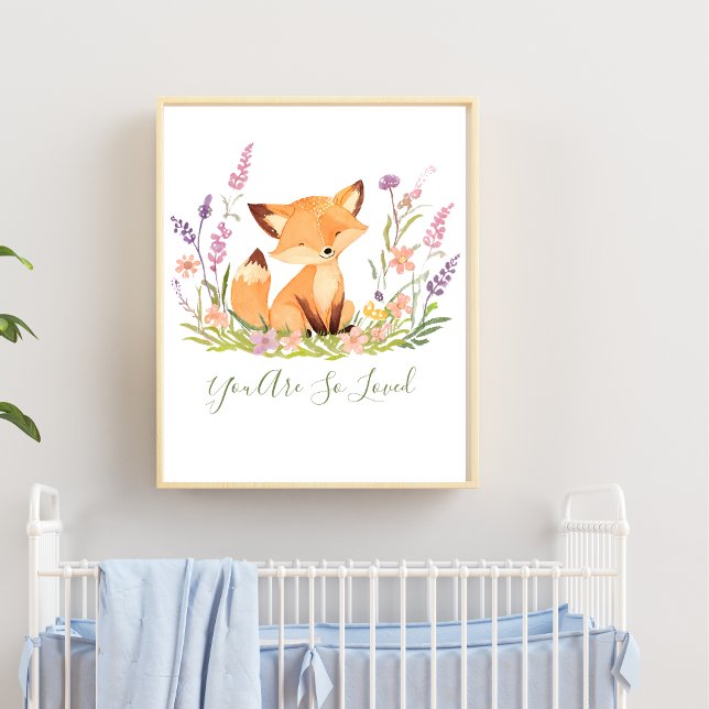 Personalisierter Baby Fox Wildblumen Kinderzimmer  Poster (Personalized Baby Fox Nursery Wall Art. Add your text or babies name. Baby shower gift, new baby gif)