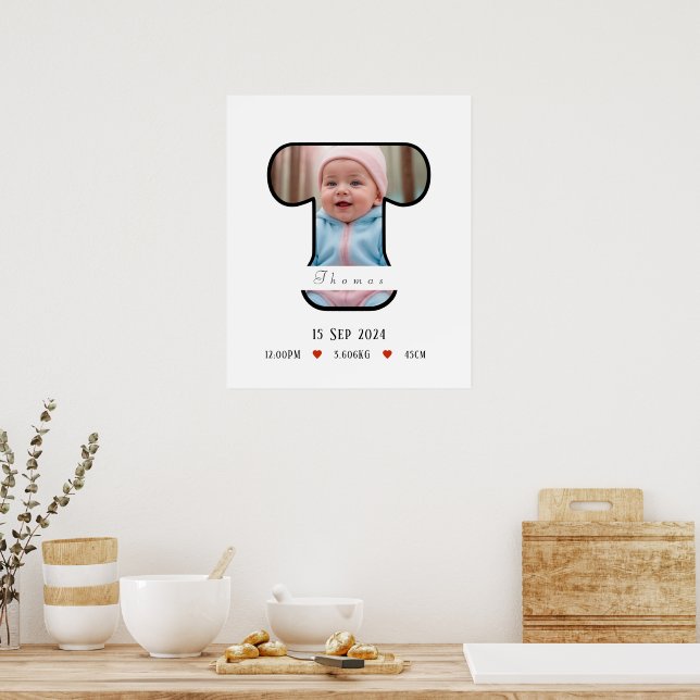 Personalisierter Babybrief T mit Grenzposter Poster (Küche)