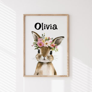 Personalisierter Babyhase mit Blumenkranz Poster